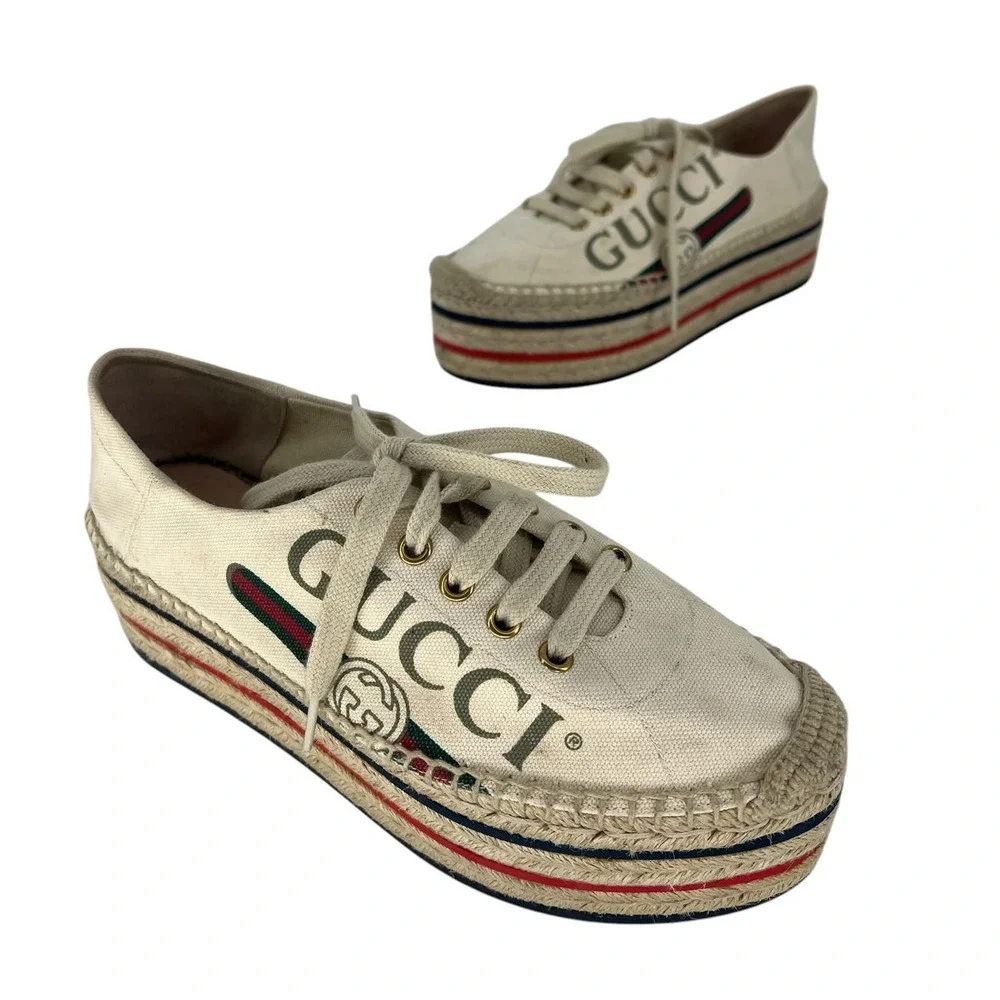 Gucci Cream Canvas Platform Espadrille Sneakers with Red and Green Stripes